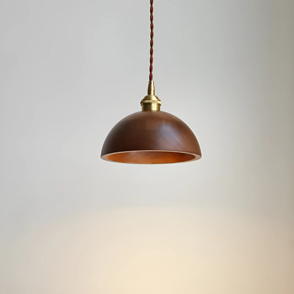 Black walnut wood single-head droplight chandelier with copper decorative accents.