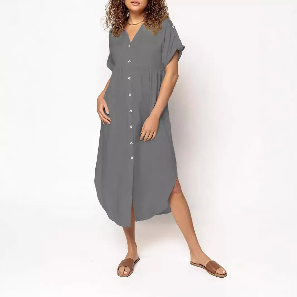 Mid-length solid colour casual dress with button front in pink black blue grey purple red army green apricot watermelon red featuring regular sleeves and mid-waist design