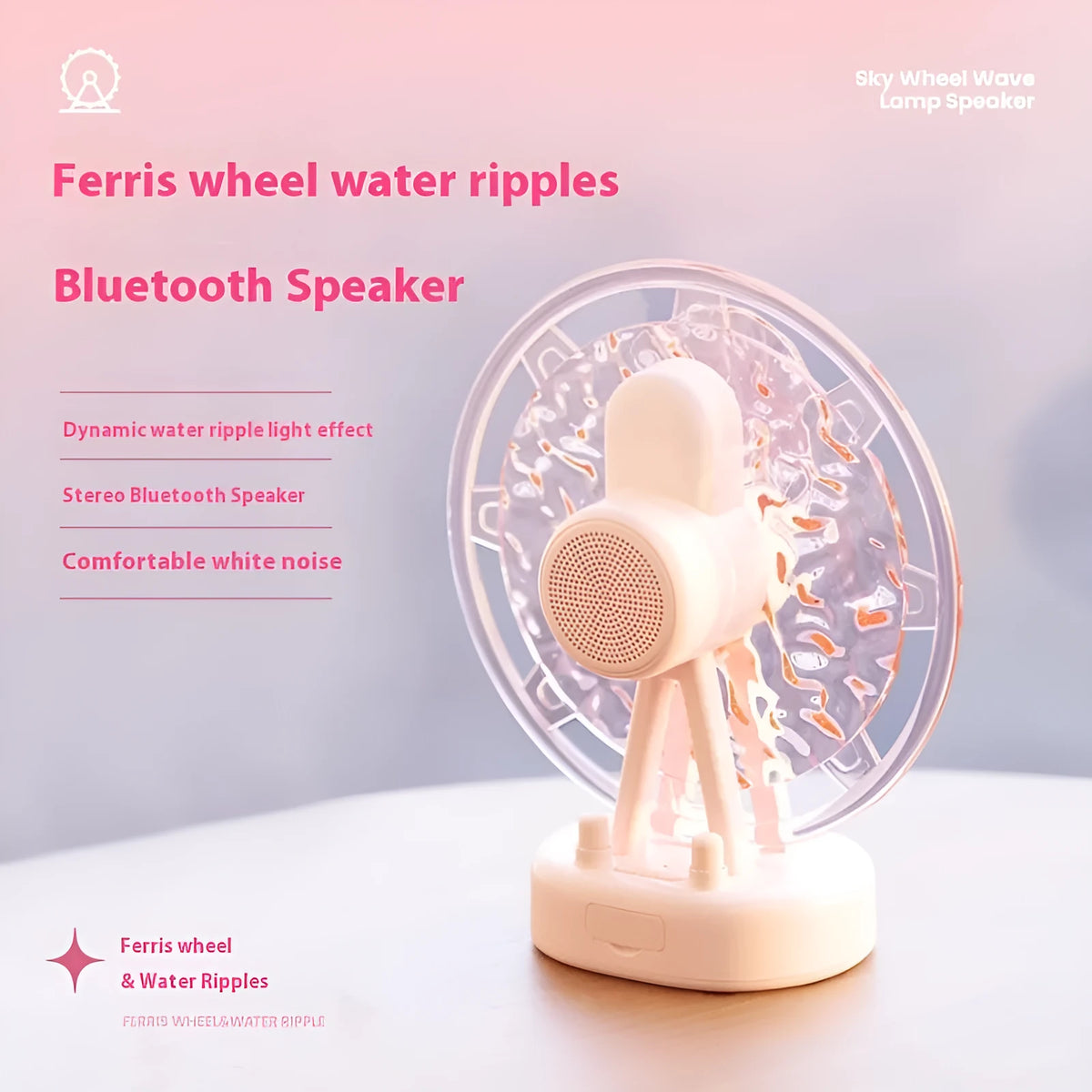 White or pink ferris wheel design Bluetooth speaker with colourful atmosphere lighting