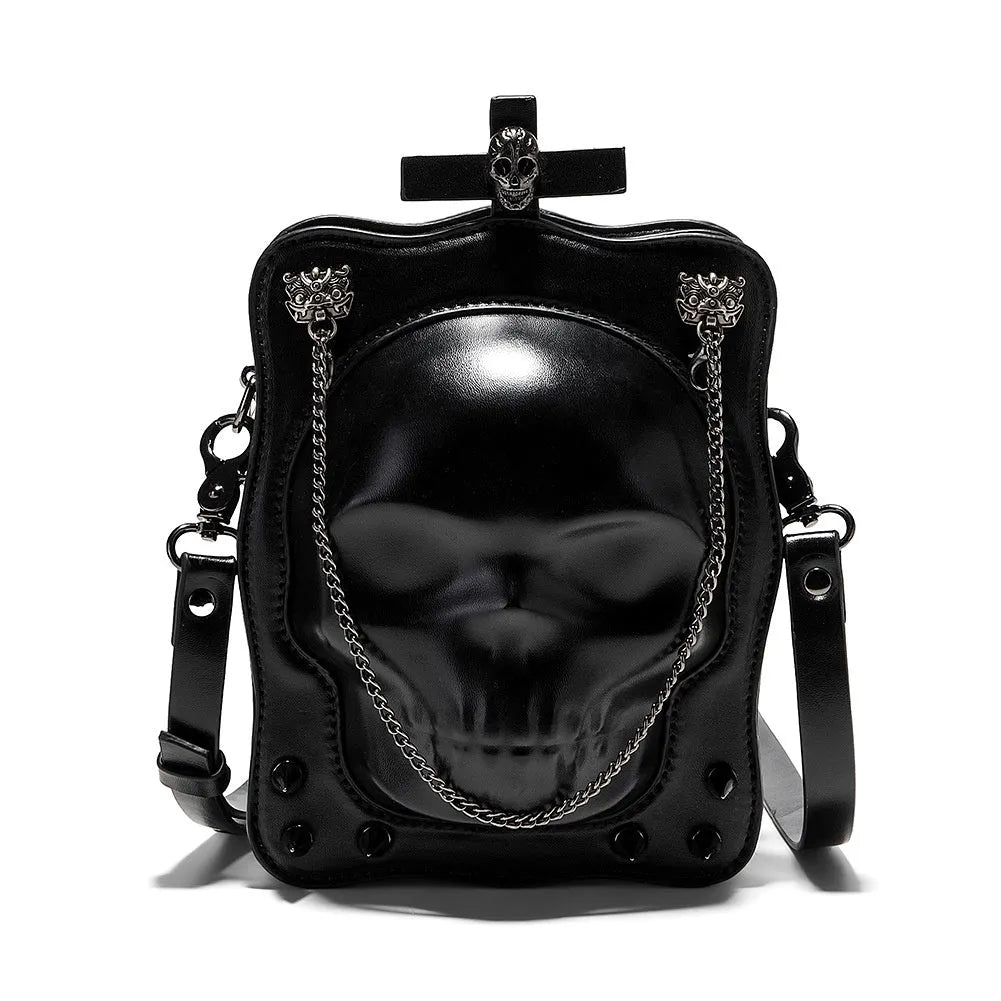 Black Halloween skull mini messenger bag with stitching, rivets, and detachable shoulder chain