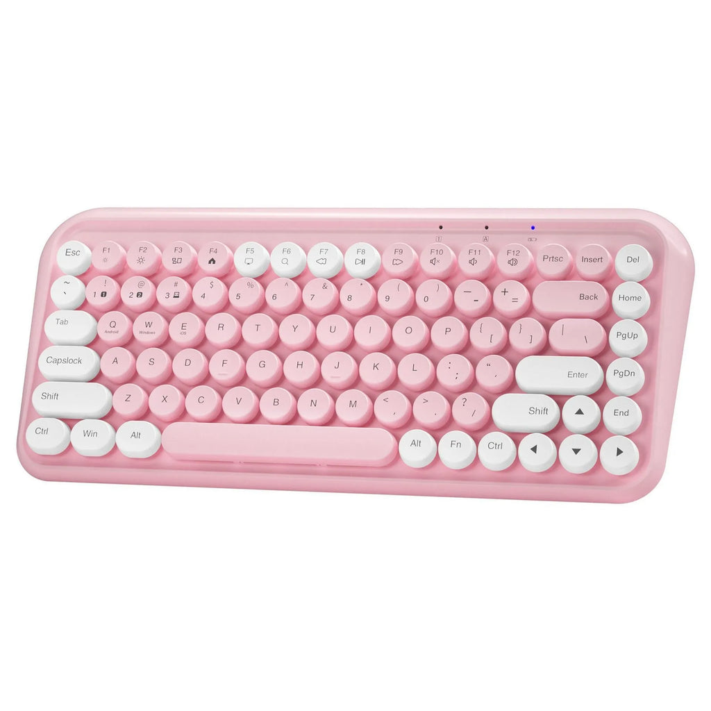 Pink wireless Bluetooth keyboard with 84 keys showing crater architecture buttons