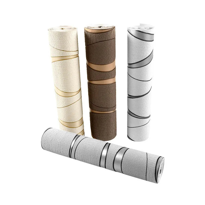 Curve Stripe 3D textured wallpaper roll in deerskin velvet finish, showing light grey and dark brown colour options.