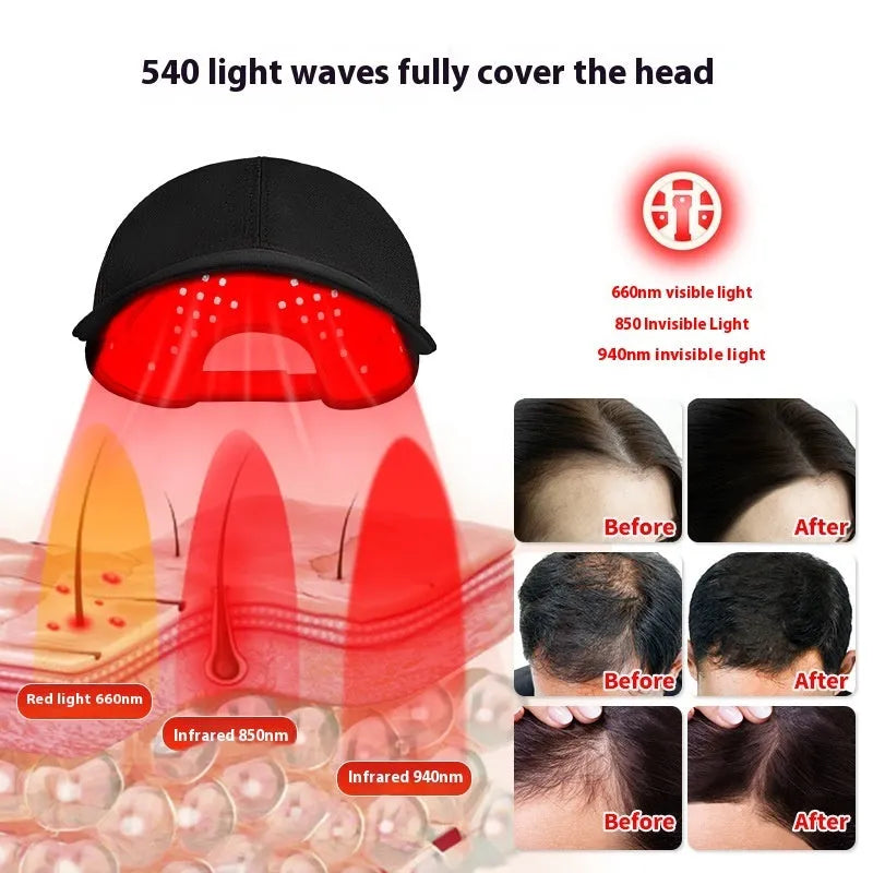 Black infrared peaked cap with LED lights for hair growth therapy treatment
