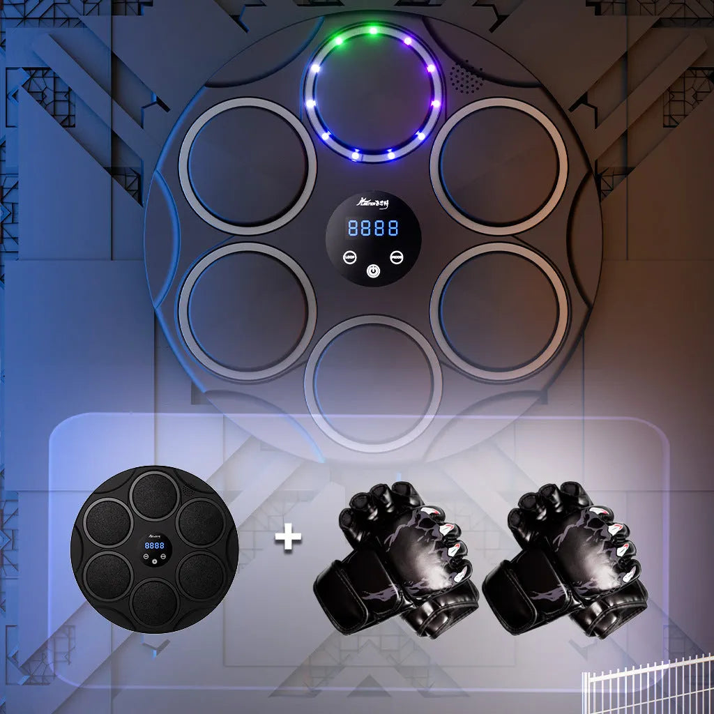 Black wall-mounted smart boxing target with coloured LED lights and Bluetooth connectivity for fitness training
