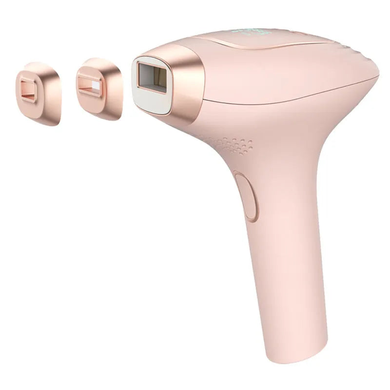 Pink and white ice-sensing laser hair removal device with shaver attachment and protective glasses