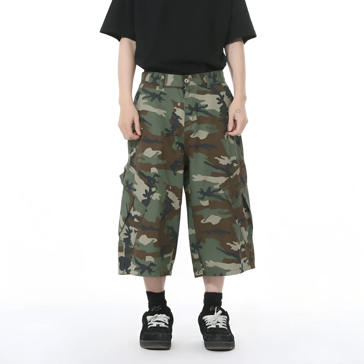 Men's camouflage cotton trousers with wide leg loose fit and American side stitching