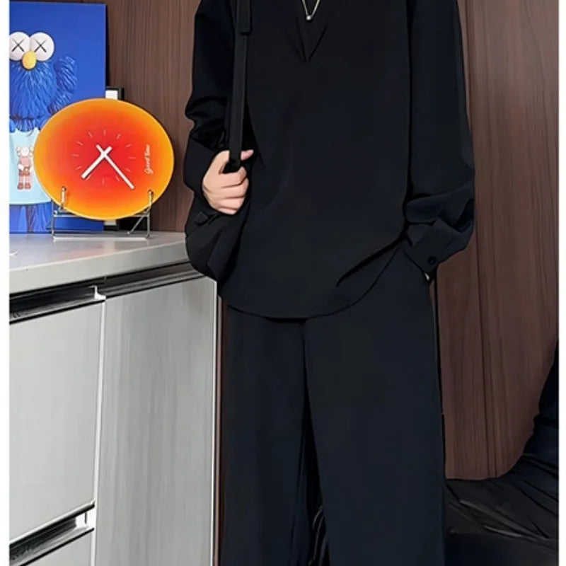Men's casual long sleeve polo shirt and trousers two-piece set in slim fit