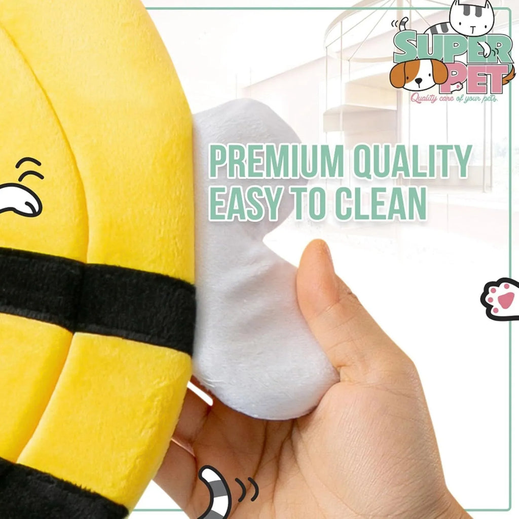Soft cat recovery cone collar with bee design and velcro strap.