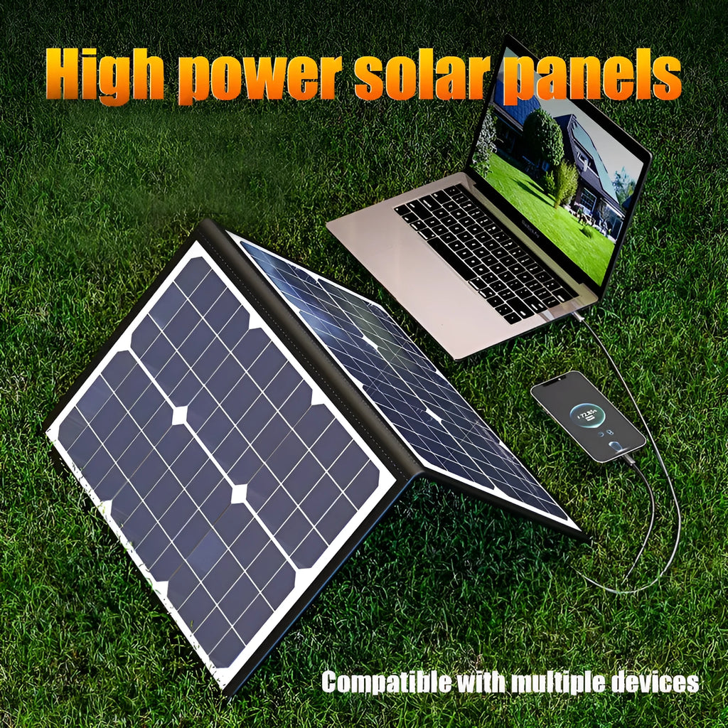 Black 40W monocrystalline folding solar panel bag shown folded to 425x285x8mm for portable outdoor power.