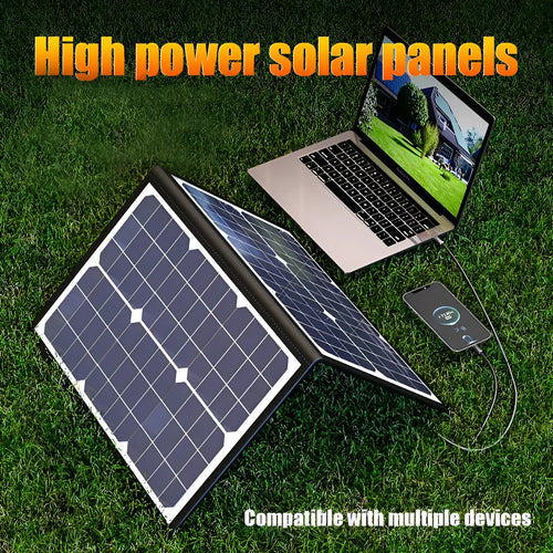Black 40W monocrystalline folding solar panel bag shown folded to 425x285x8mm for portable outdoor power.