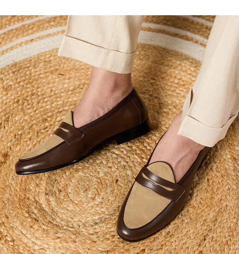 Men's coffee grey suede Belgian loafers with a slip-on design and rubber sole