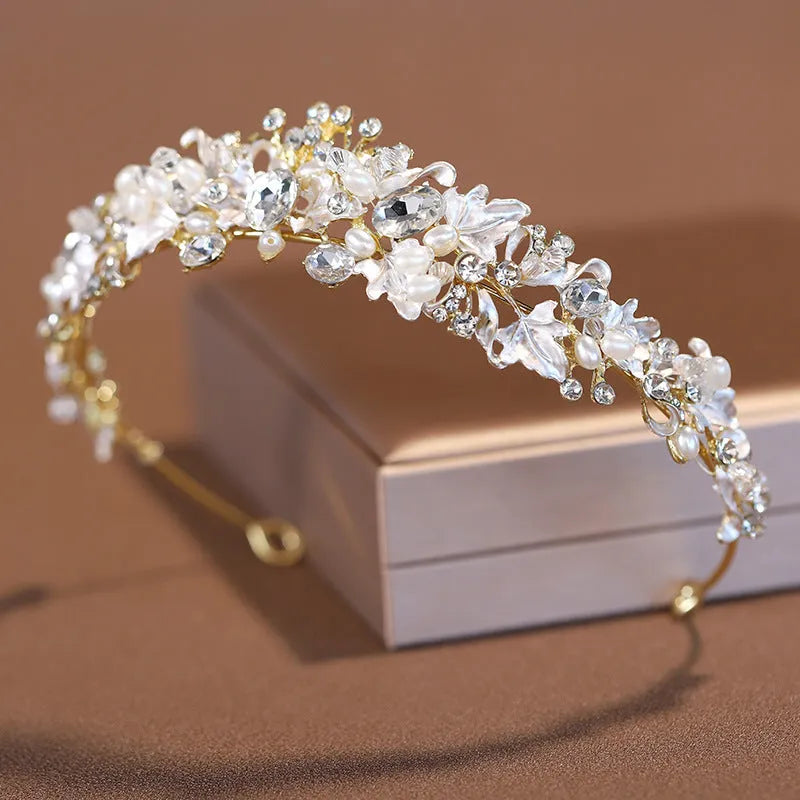 Women's pearl crown headdress hair accessory with alloy construction and electroplated gold/silver finish