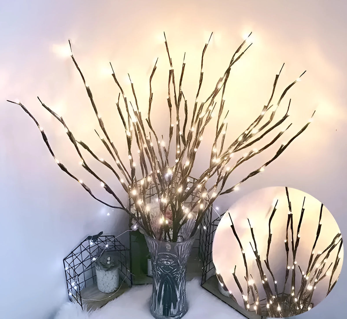 LED decorative tree lamp with plastic vase base and silver branches in warm white light