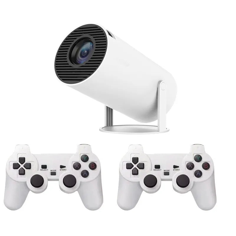 White Barrel X10 PLUS portable smart projector with gamepad and remote control on table