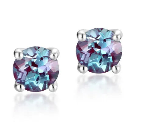 Women's silver ear studs with cultivated Alexandrite stone in geometric round design