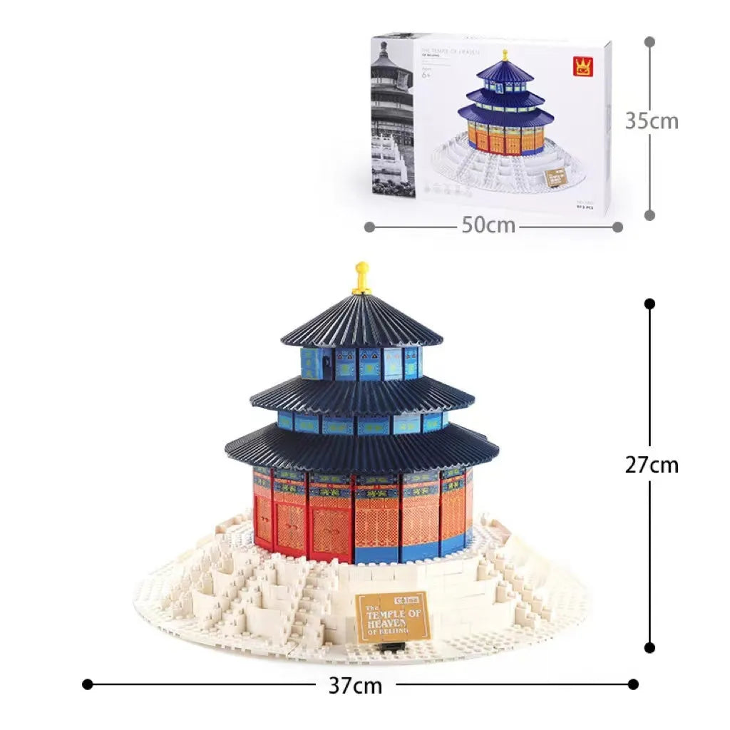 Wange building block set with over 800 small ABS pieces for constructing global landmark models.