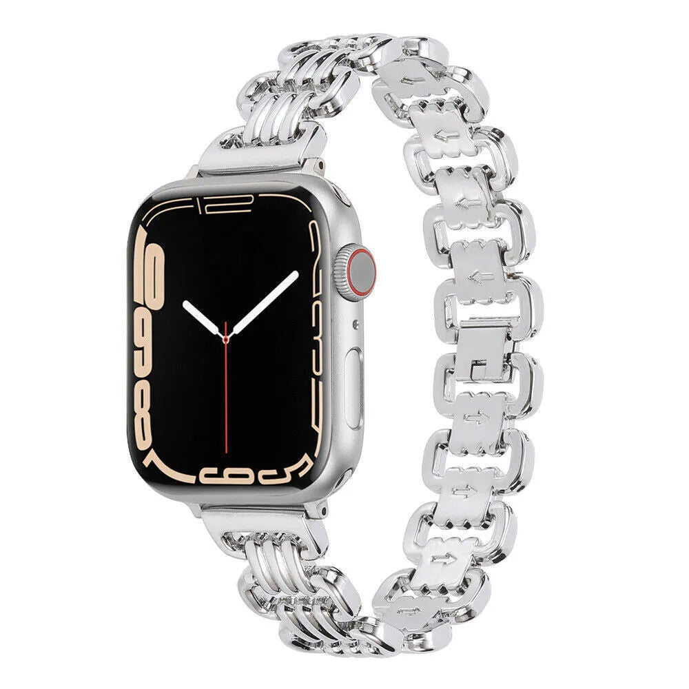 Alloy metal Apple Watch bracelet in silver, black, gold, rose gold, and Starlight colour options.