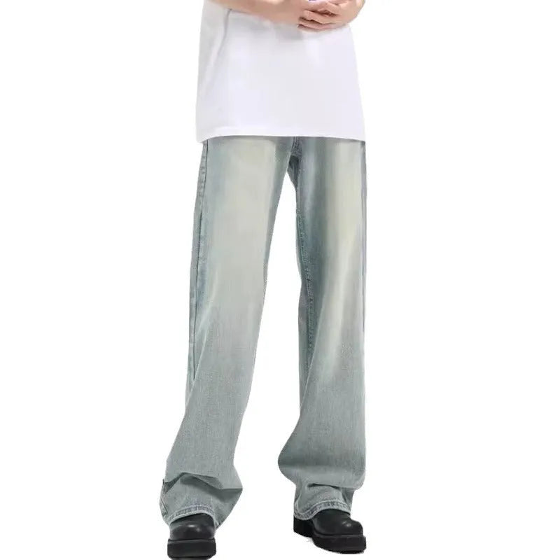 Blue loose retro-style casual trousers on a hanger, showing elasticated waist and rabbit fur fabric.