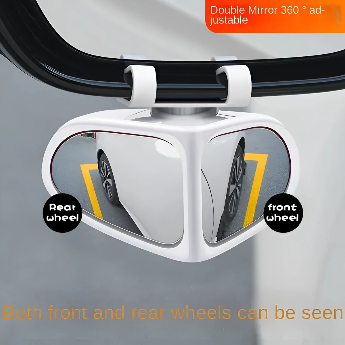 Black adjustable wide-angle car auxiliary mirror showing 360-degree rotation mechanism.