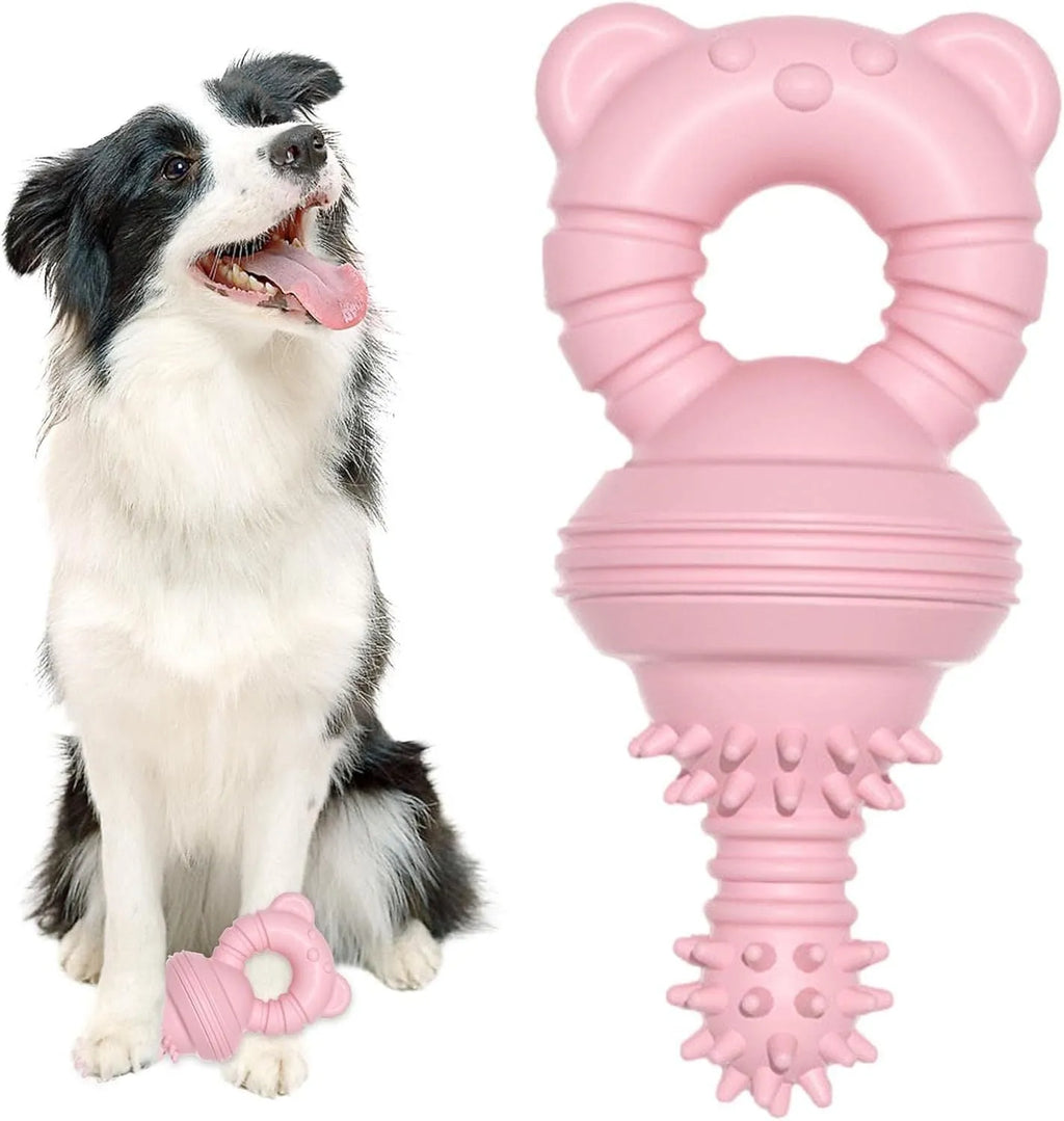 Blue rubber molar-shaped dog chew toy with textured surface and bell inside, for large breeds.