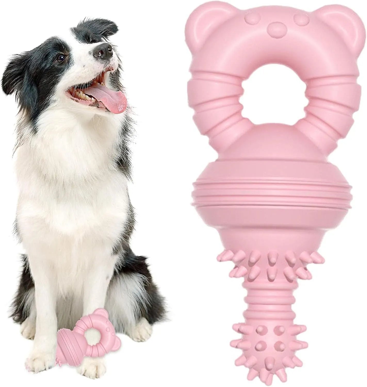Blue rubber molar-shaped dog chew toy with textured surface and bell inside, for large breeds.
