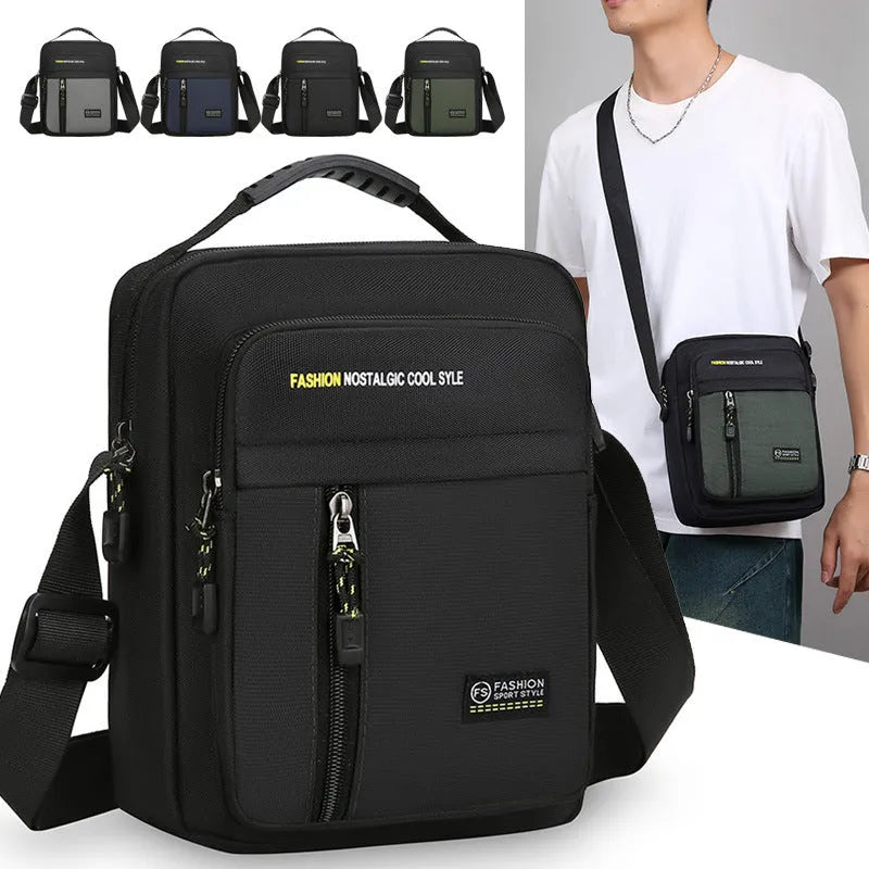 Men's casual nylon crossbody messenger bag shown in available colours: green, grey, black, and blue.
