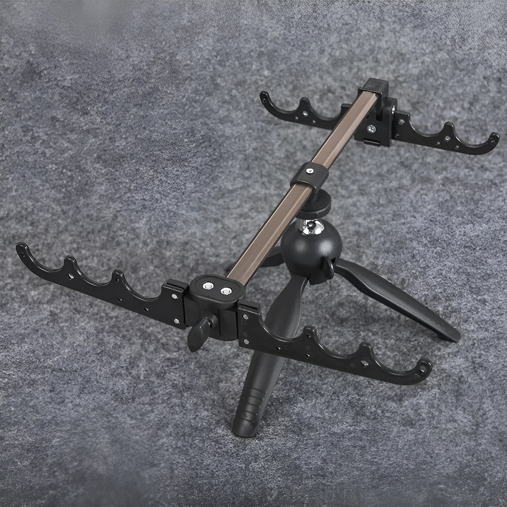 Aluminum alloy ice fishing tripod rod holder bracket supporting a small fishing rod