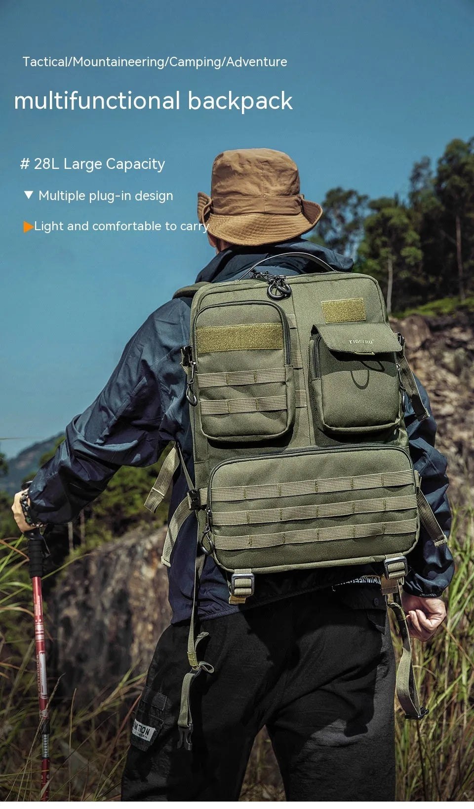 Army Green waterproof tactical nylon backpack with straps and compartments