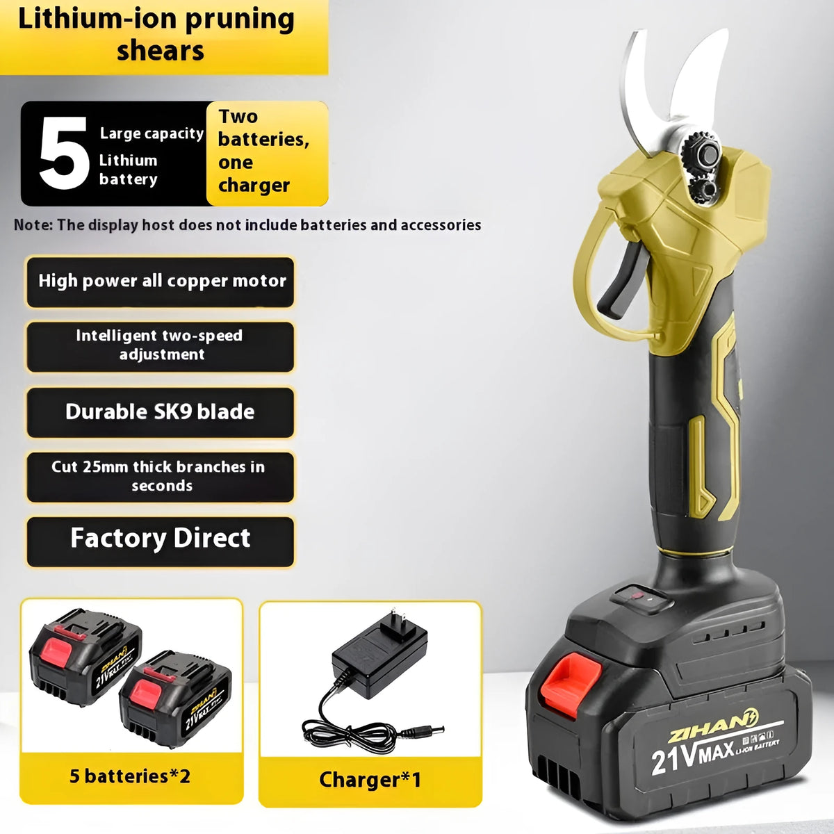 Electric pruning knife with lithium batteries in plastic storage box with 5 sections