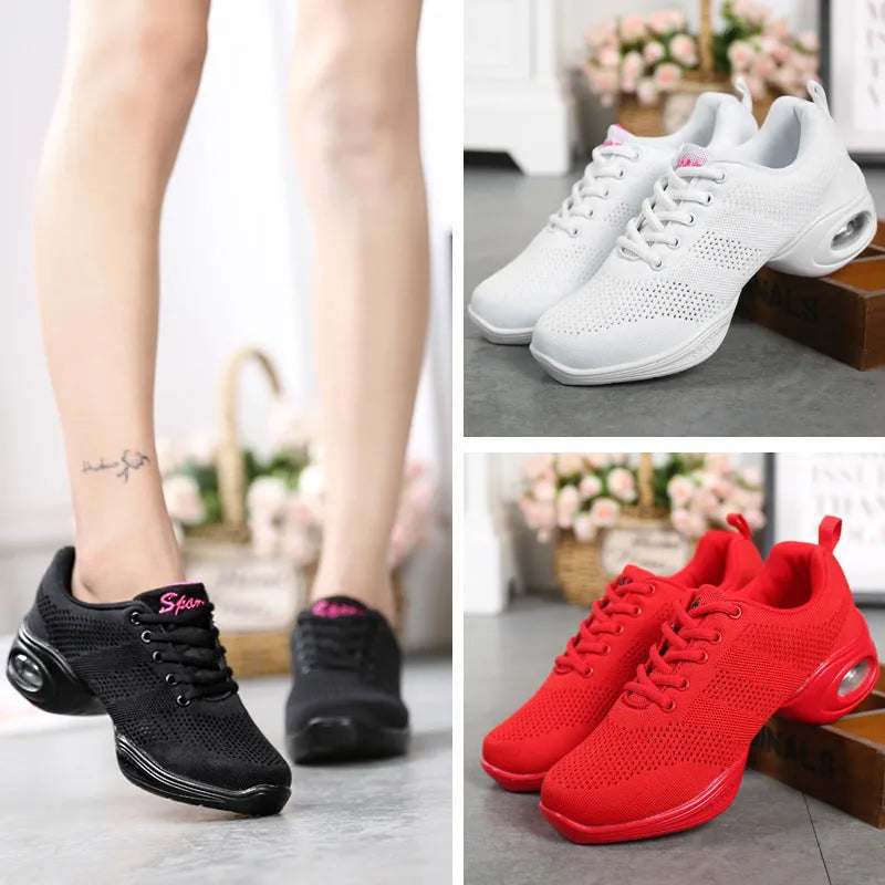 Women's breathable dance shoes with fly woven mesh upper and PU sole in multiple colour options