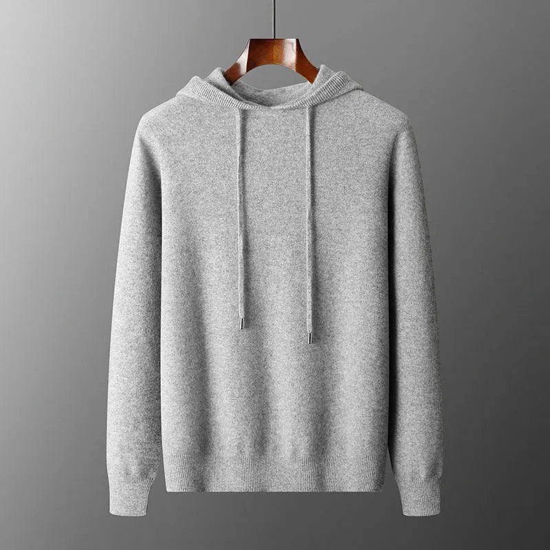 Men's light grey cashmere hooded sweatshirt and matching long pants laid flat.