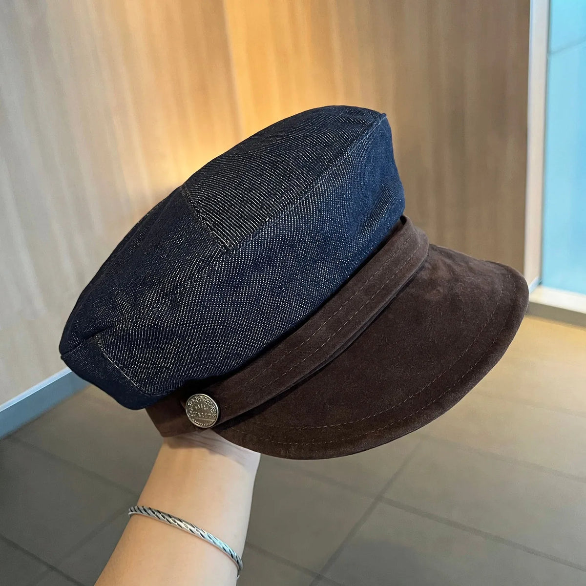 British retro octagonal denim newsboy hat with adjustable sizing