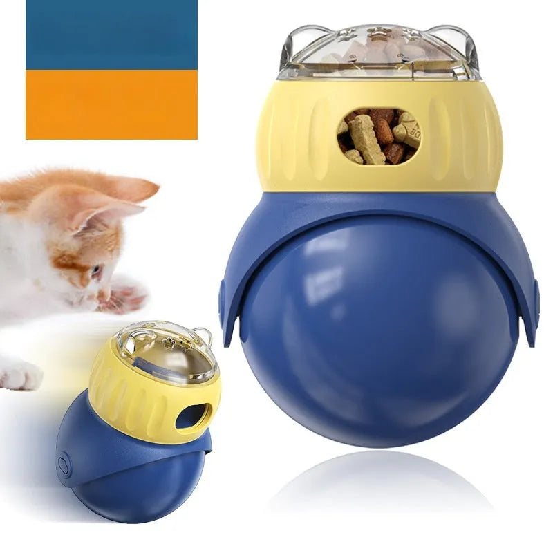 Yellow and blue owl tumbler cat puzzle feeder for dry food dispensing