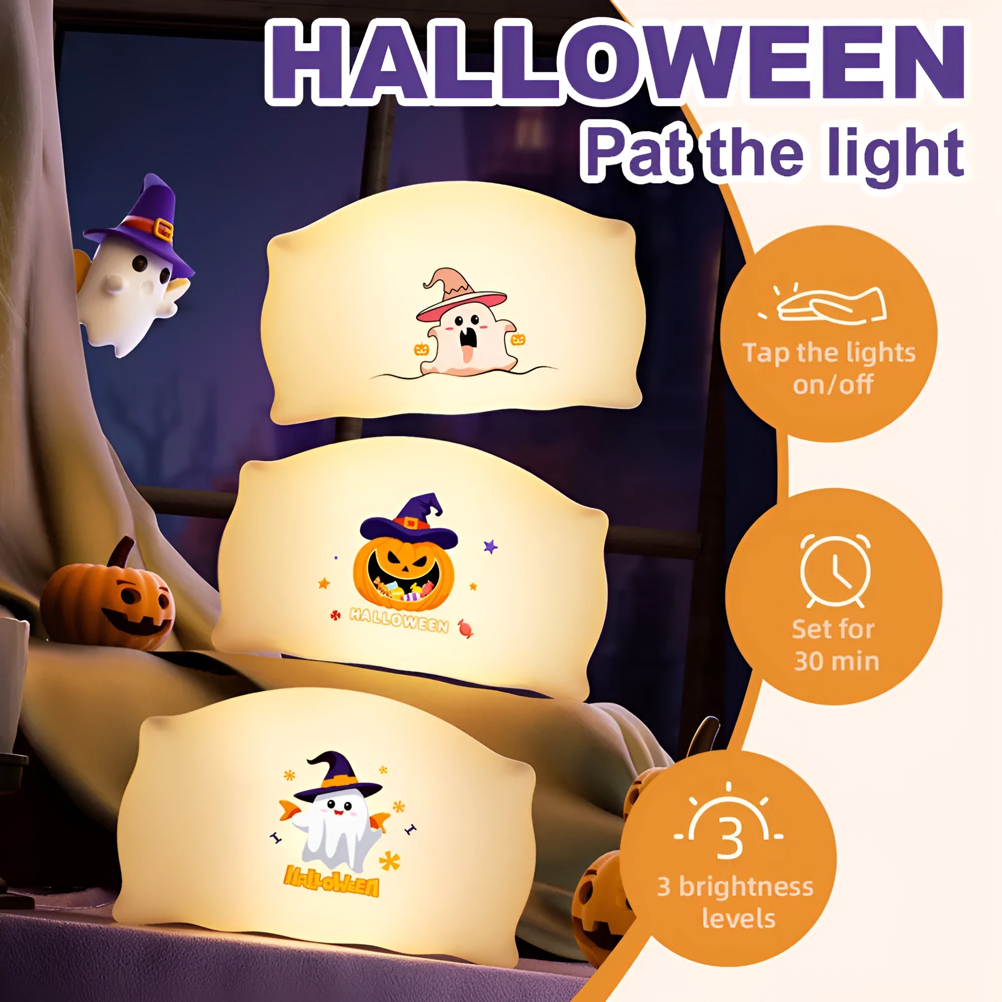Cartoon Halloween table lamp in magic ghost and pumpkin ghost designs with warm light and USB TYPE-C charging port