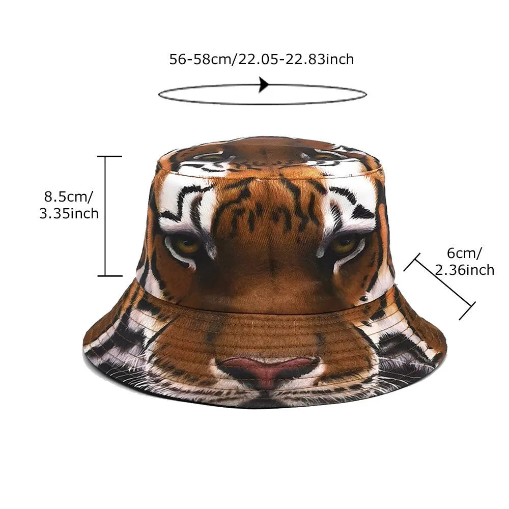 Tiger pattern bucket hat with dome crown in khaki and black colour options