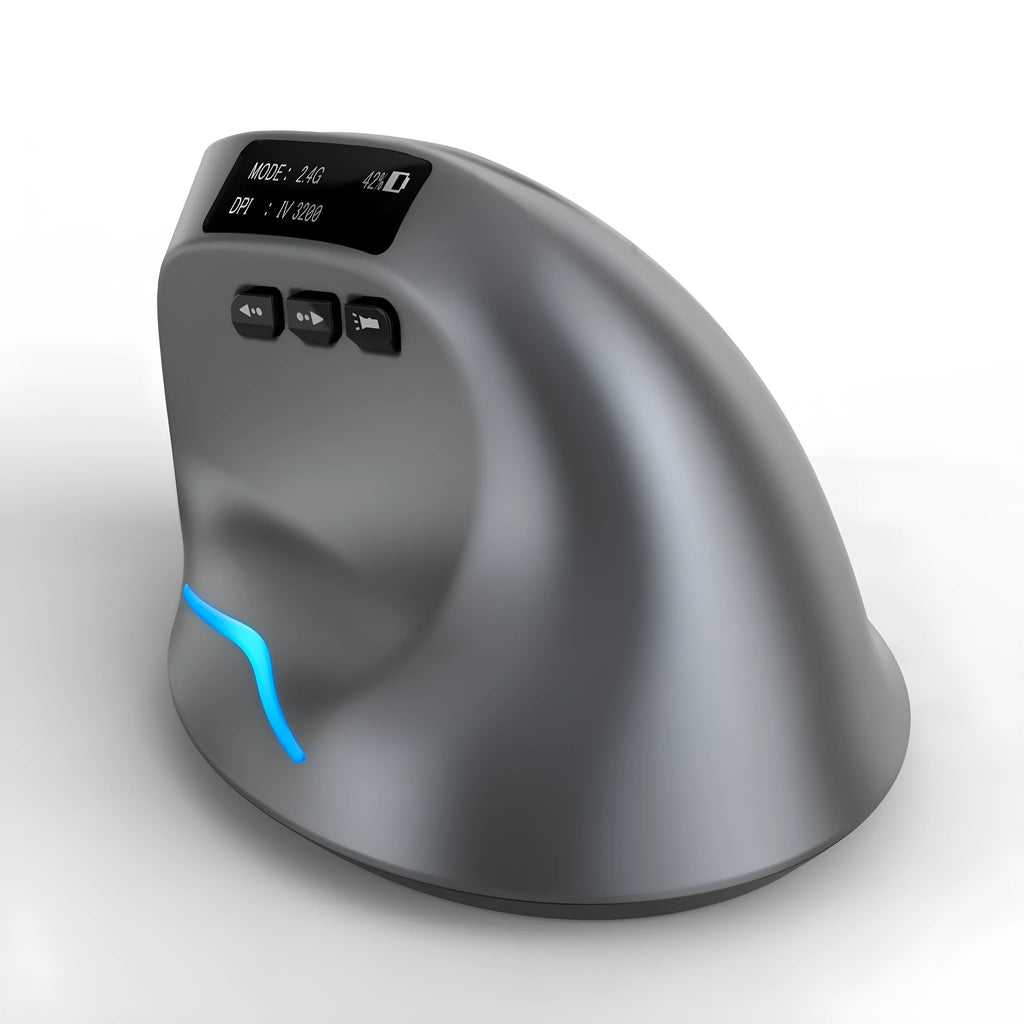 Grey handheld Bluetooth vertical mouse showing ergonomic grip design