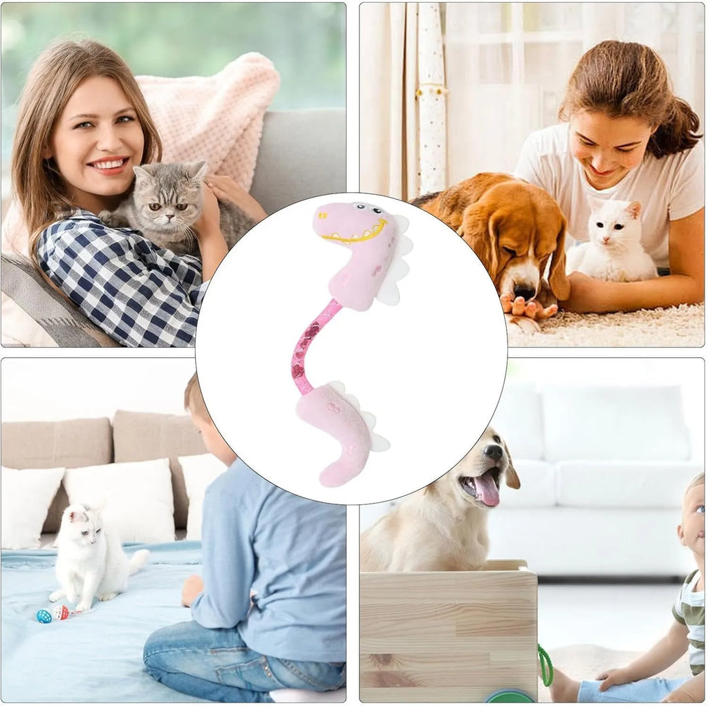 Four cat toys bundle including plush mouse, fish, bunny, and rope toy in pink, purple, or yellow colours
