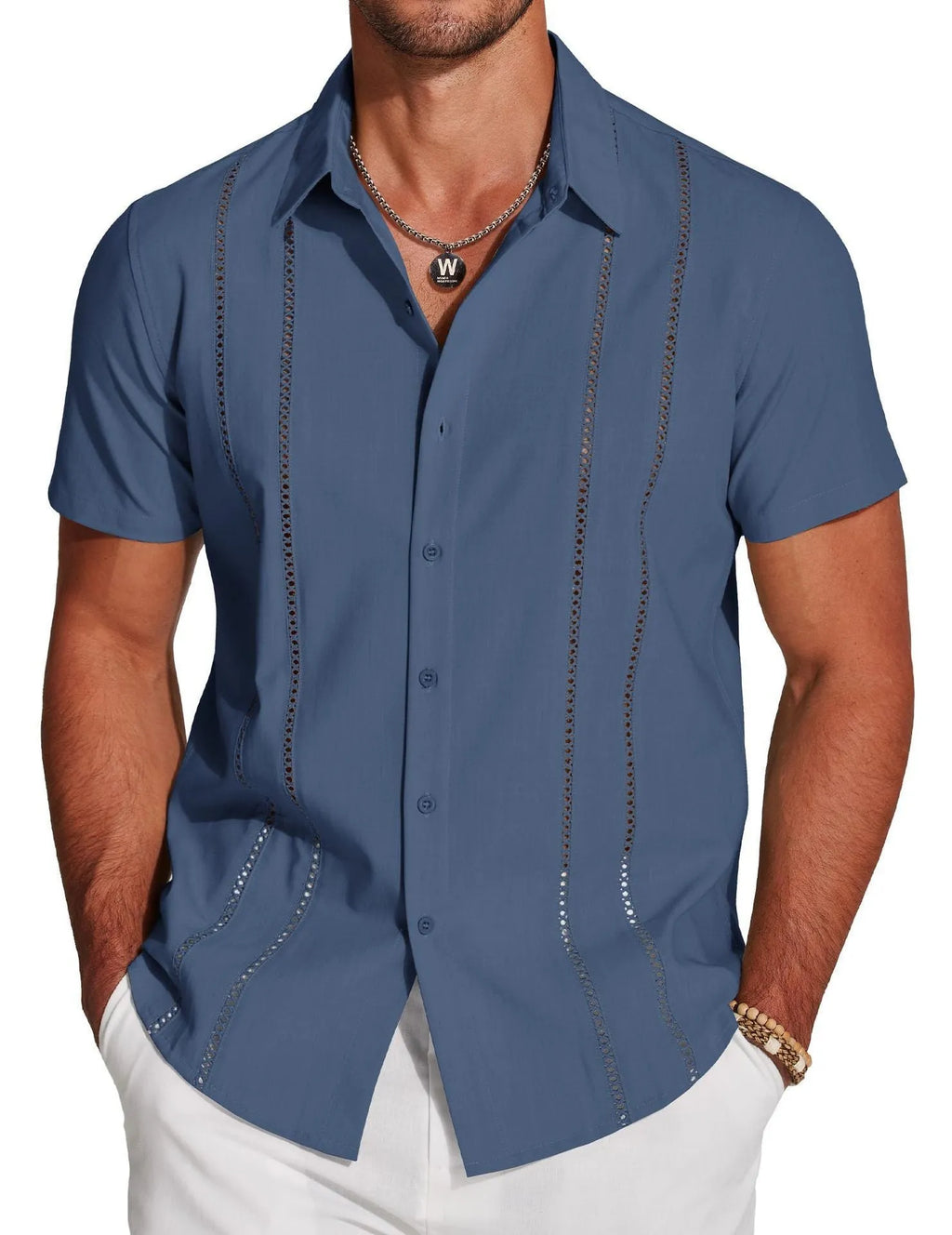 Man wearing a slim fit, short sleeve printed Hawaiian shirt in elastic polyester fabric.