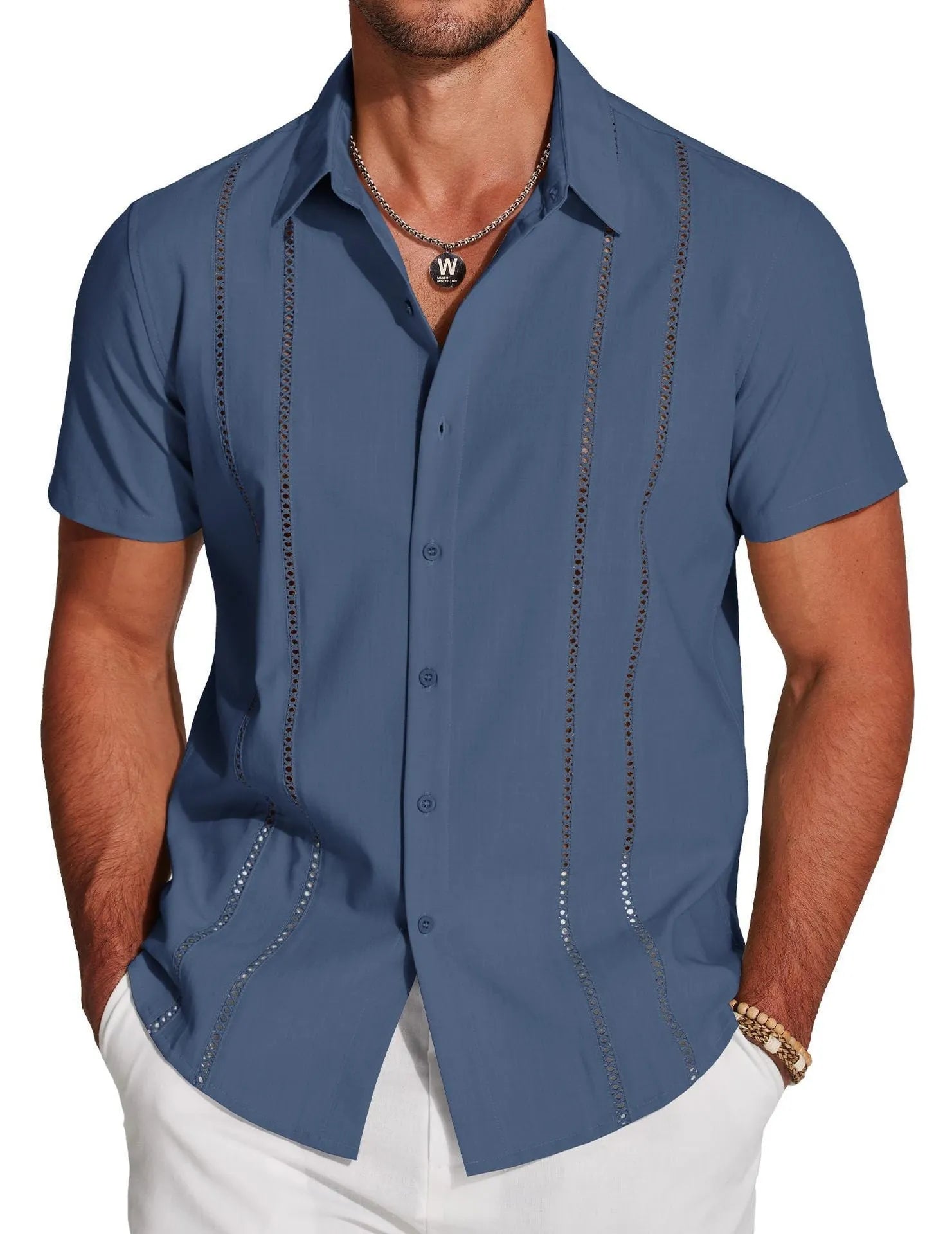 Man wearing a slim fit, short sleeve printed Hawaiian shirt in elastic polyester fabric.