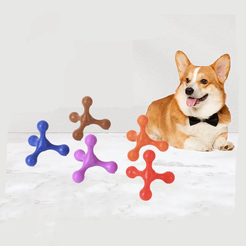 Blue silicone three-leg chew toy for small to medium dogs on white background