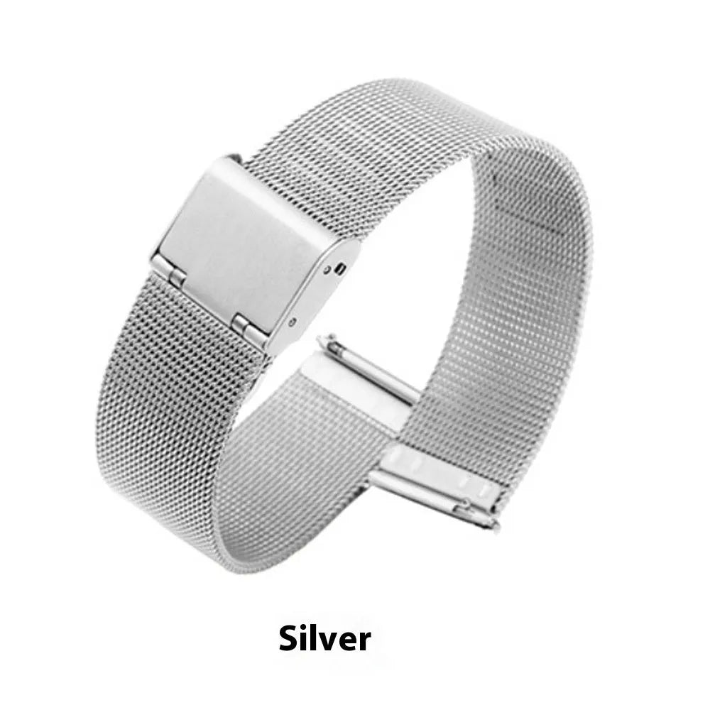 Milani stainless steel and woven silk watch band in silver, black, rose gold, or gold.
