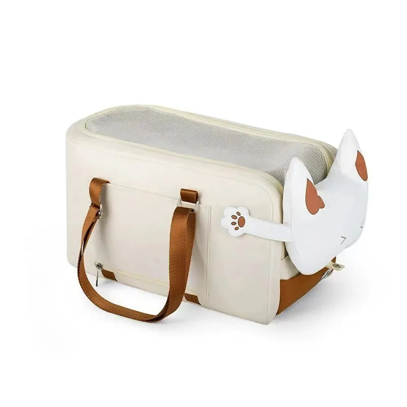 Beige hard-sided pet travel crate with a one-shoulder carry strap, shown with dimensions 43cm by 25cm by 22.5cm.