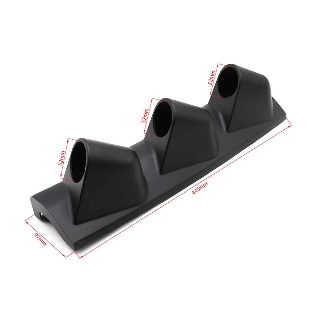 Black ABS plastic three-hole instrument stand for universal 52mm car gauges, right-drive configuration.