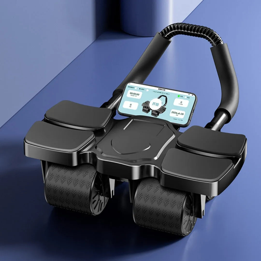 Black and blue automatic rebound abdominal wheel on a floor, showing four wheels and smartphone with fitness app.