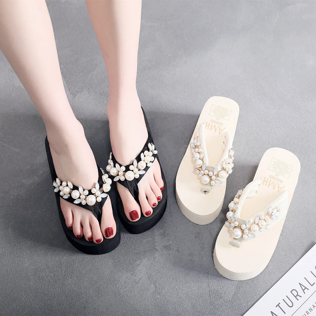 Women's beige high-heeled flip-flops with a cotton cloth upper and an adjustable strap.