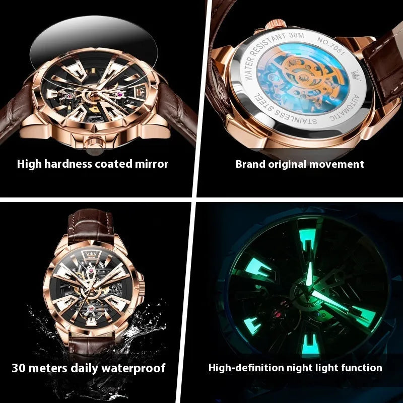 Men's automatic skeleton watch with brown leather strap and black barrel case showing hollow dial