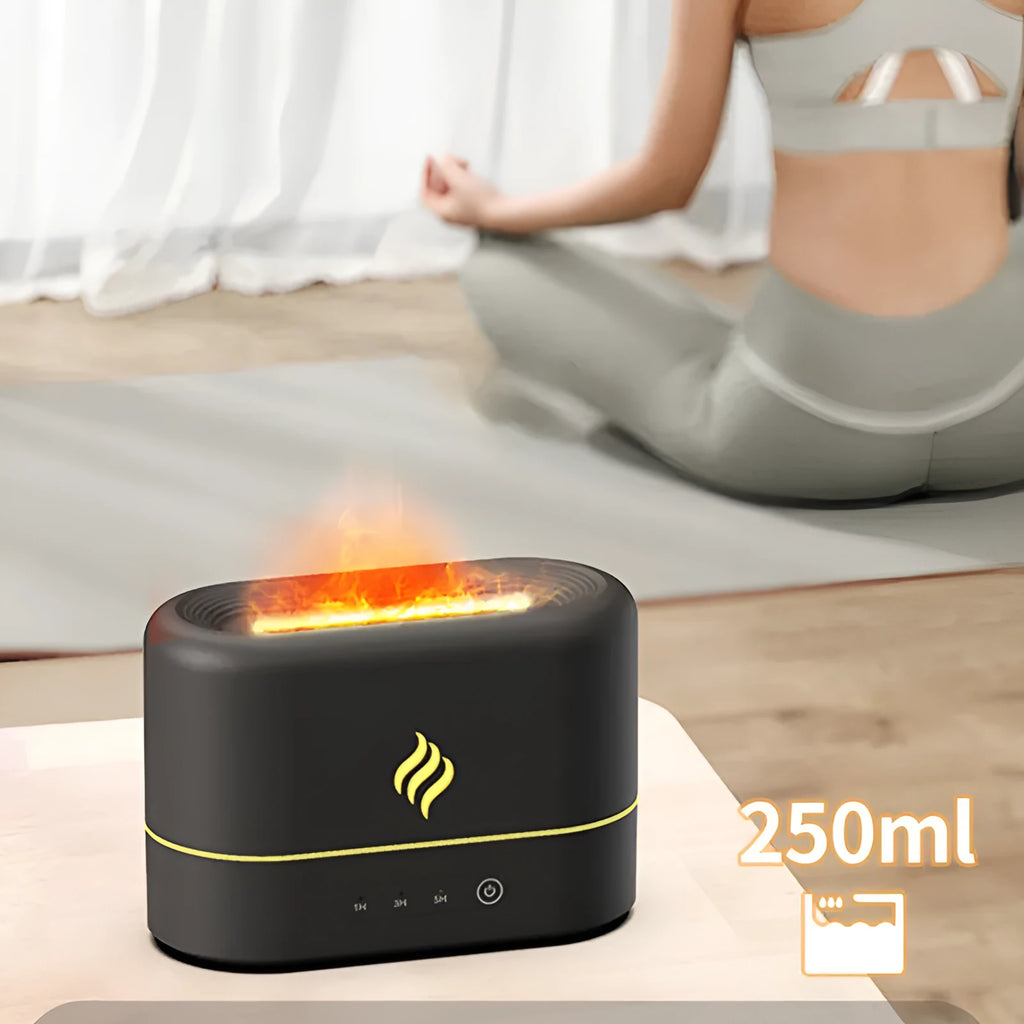 USB simulated flame expander humidifier with seven-colour LED flame effect showing black plastic housing