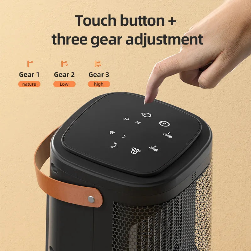White PTC electric heating radiator with a digital touch screen remote control on a table.