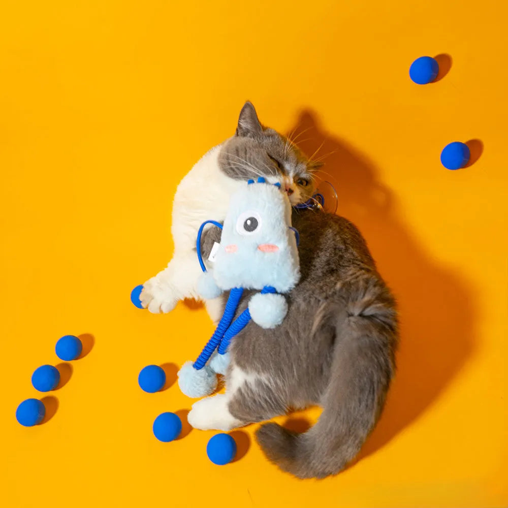 Blue telescopic elastic cat toy with plush attachments and mint bell on 30cm by 30cm background