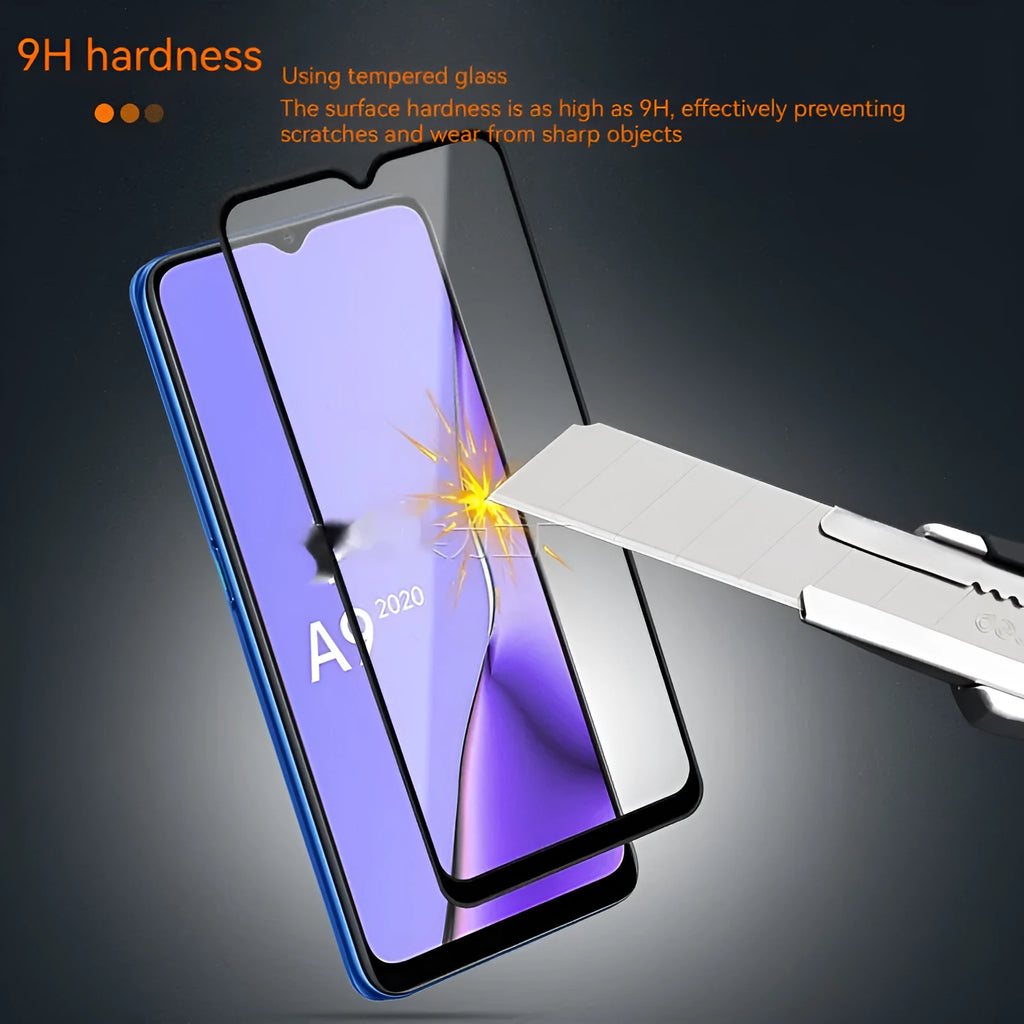 OPPO A9 2020 full screen tempered glass protector with black colour and full glue adhesive